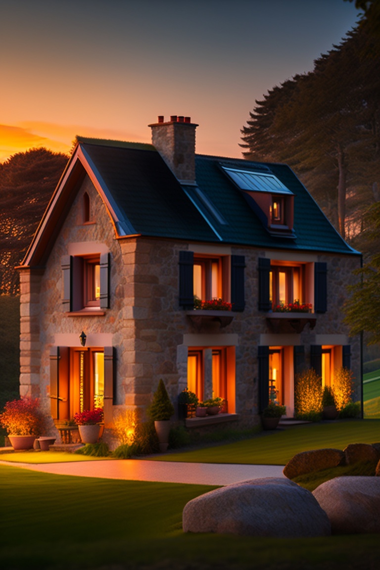 Front view of a Breton granite stone farmhouse com